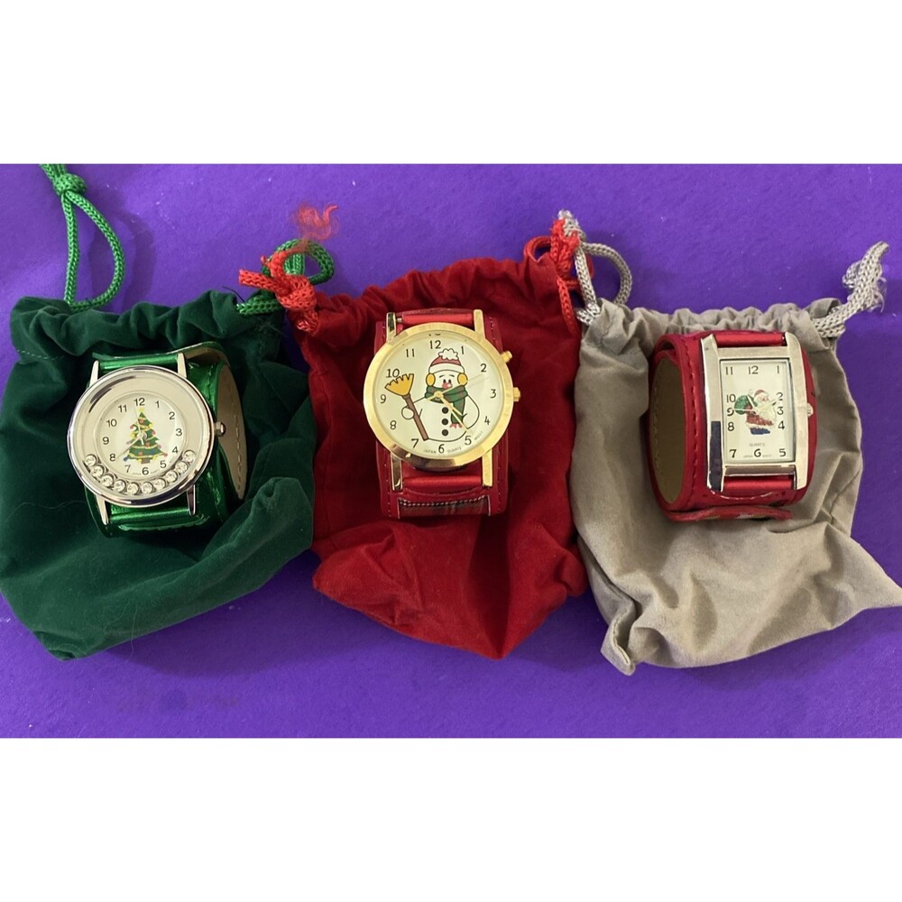 Vintage Christmas Watch Lot 3 Santa Snowman Tree Milano Cuff Set Unworn Untested